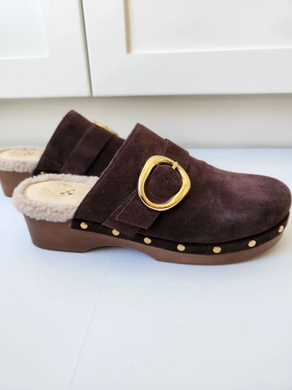 Vince Camuto Canzenee Brown Suede Shearling Sherpa Clogs Comfy Cozy Cute Boho - Picture 4 of 9